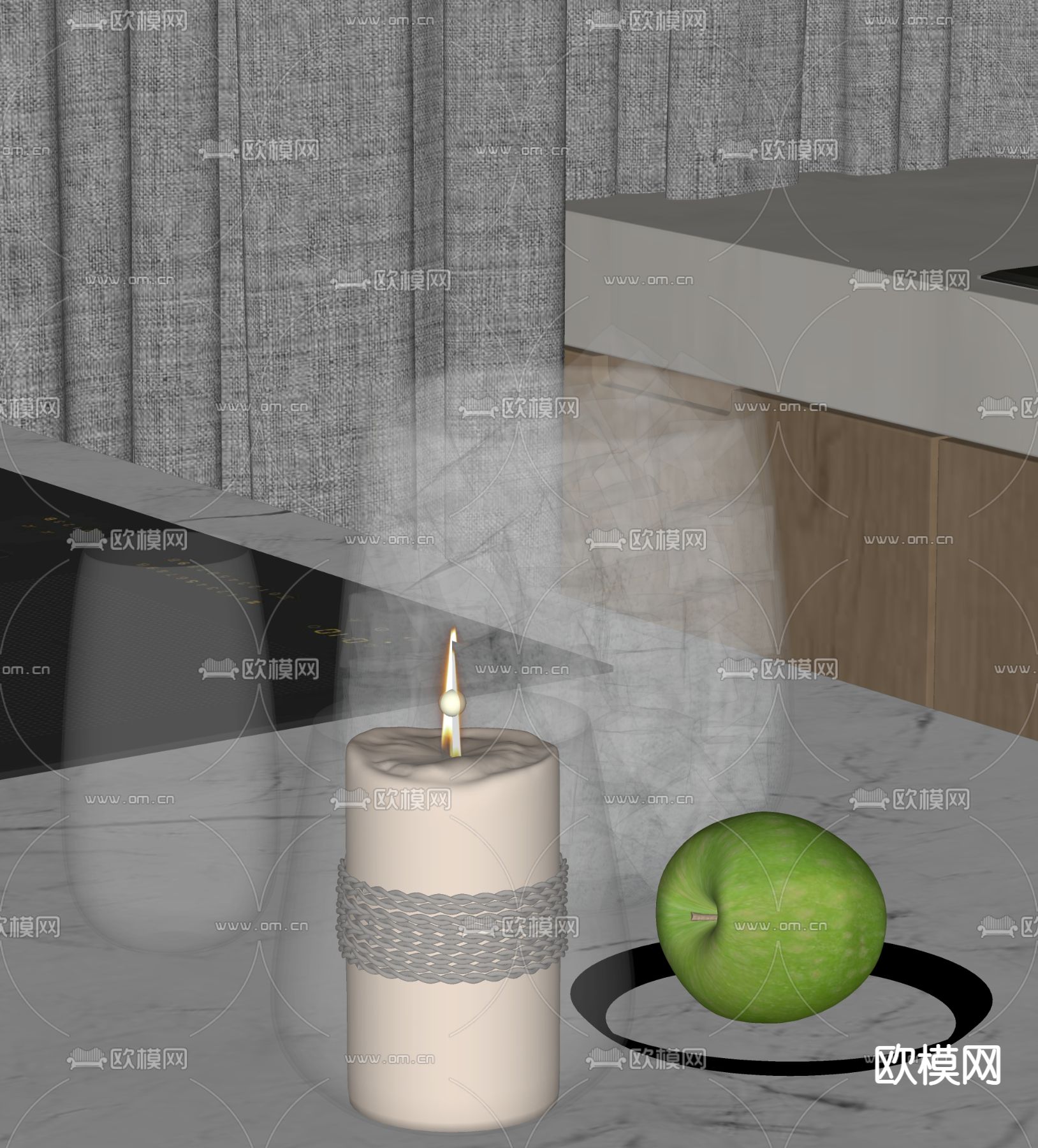 蜡烛 水果 苹果 水杯 摆件su模型下载（渲染图1）