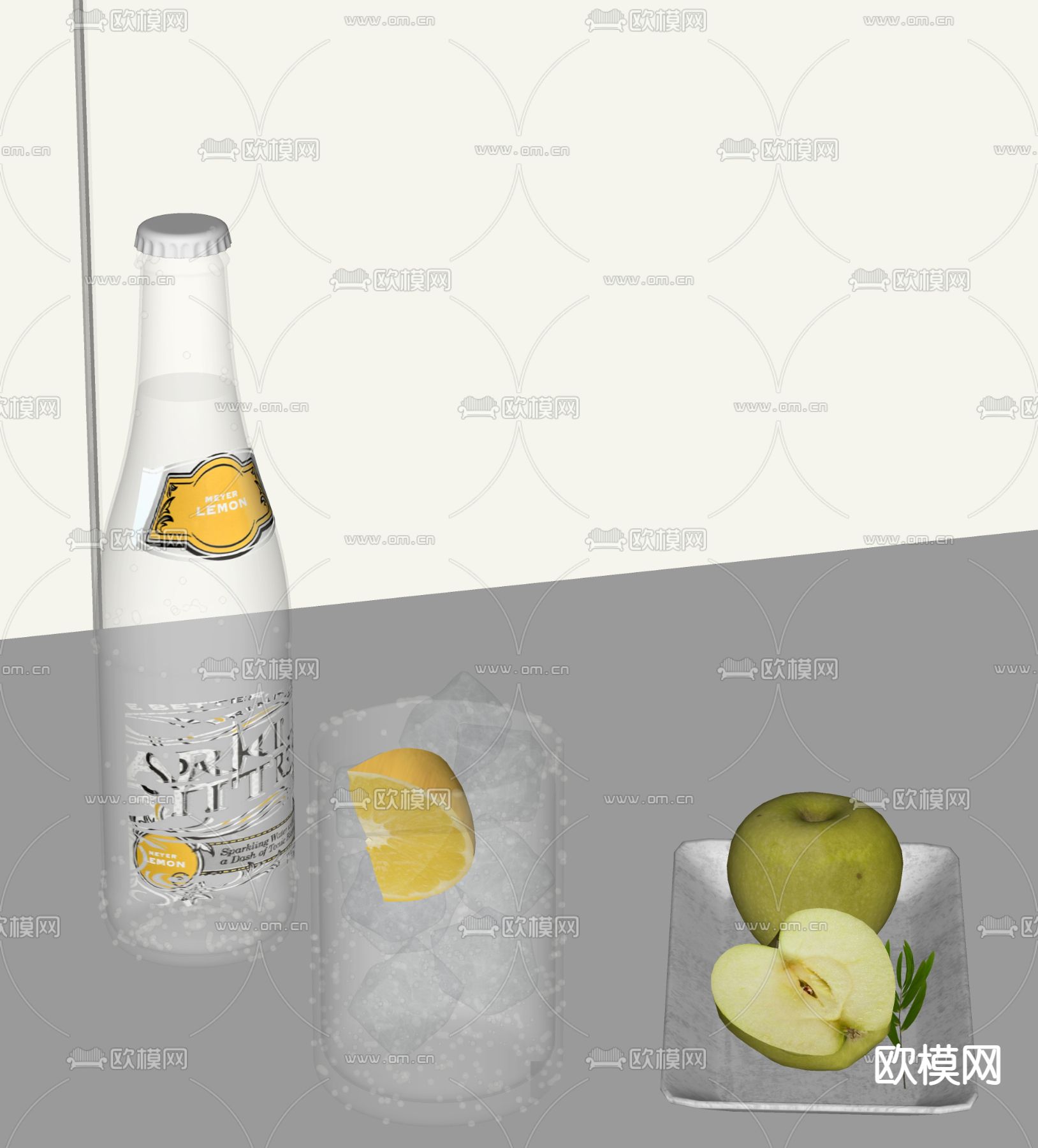 酒瓶 餐具 果盘 柠檬水su模型下载（渲染图1）