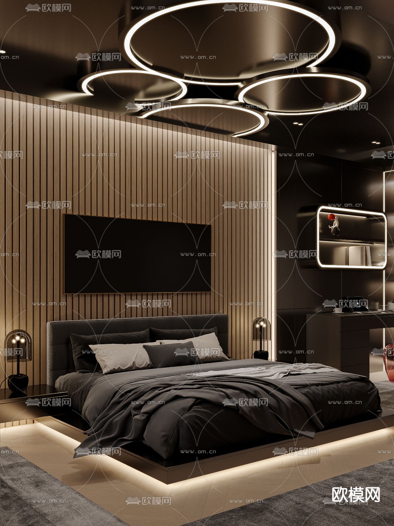 暗黑风主人房 主卧 卧室3d模型下载（渲染图1）