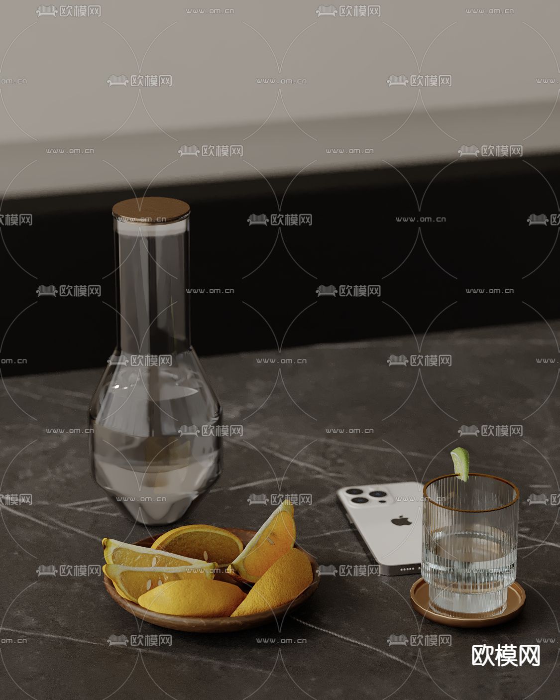柠檬果盘 饮料杯su模型下载（渲染图2）