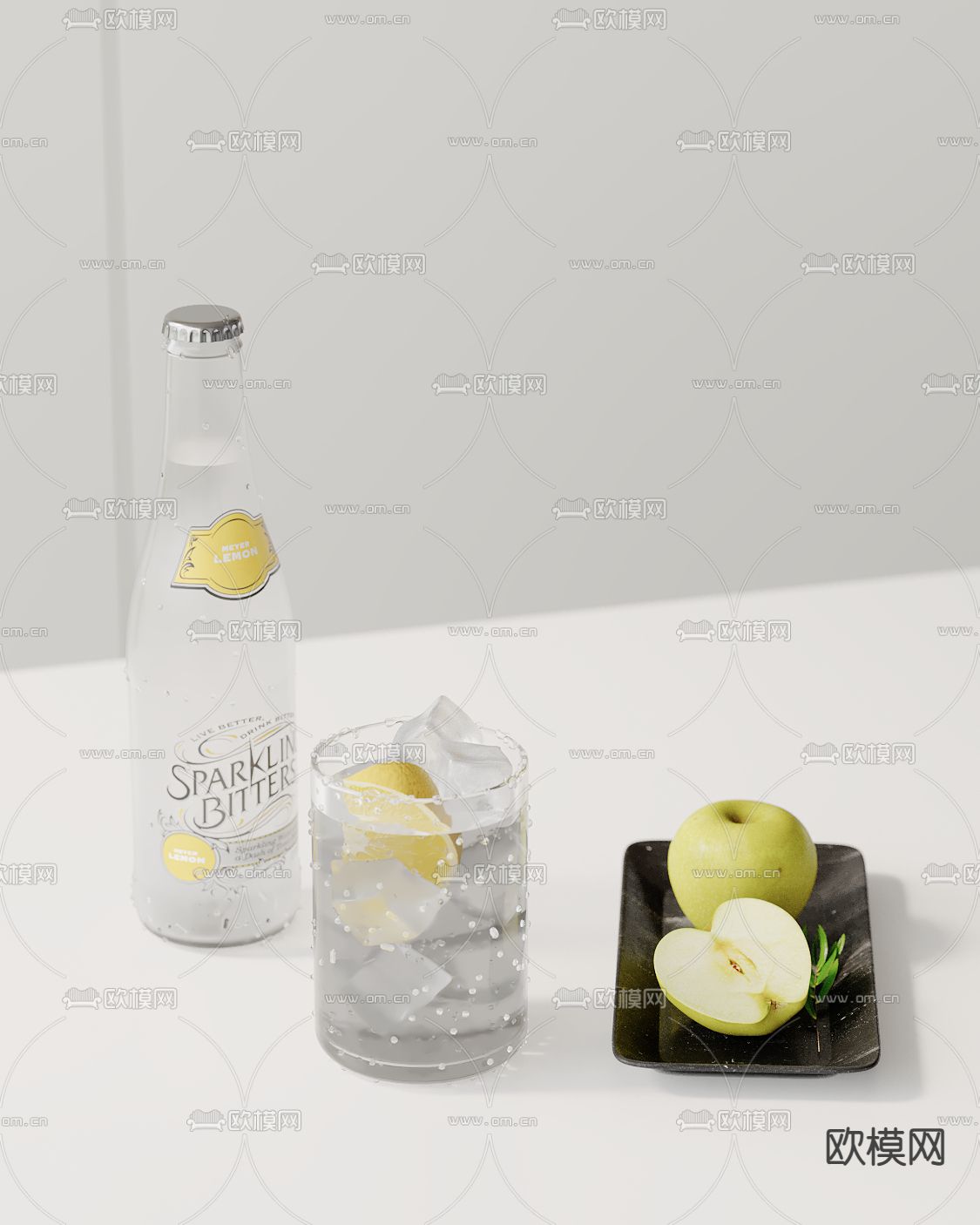 酒瓶 餐具 果盘 柠檬水su模型下载（渲染图2）