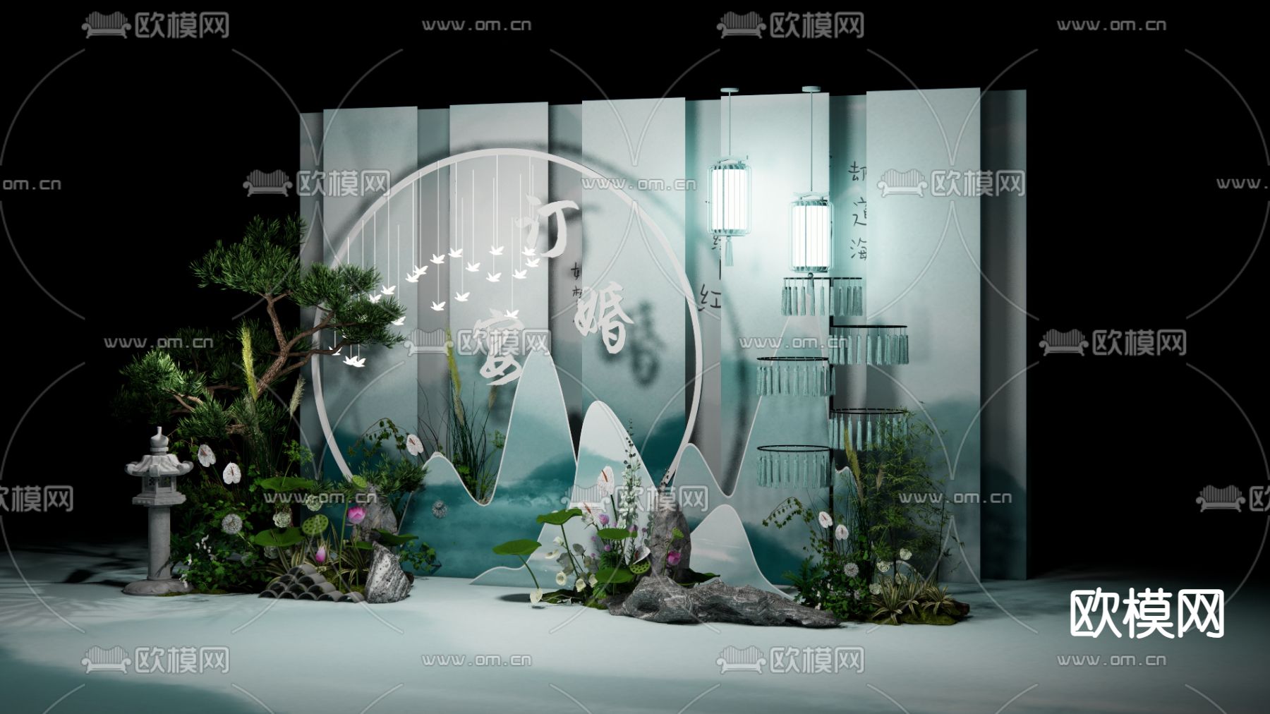 新中式浅蓝色订婚 婚礼美陈su模型下载（渲染图3）