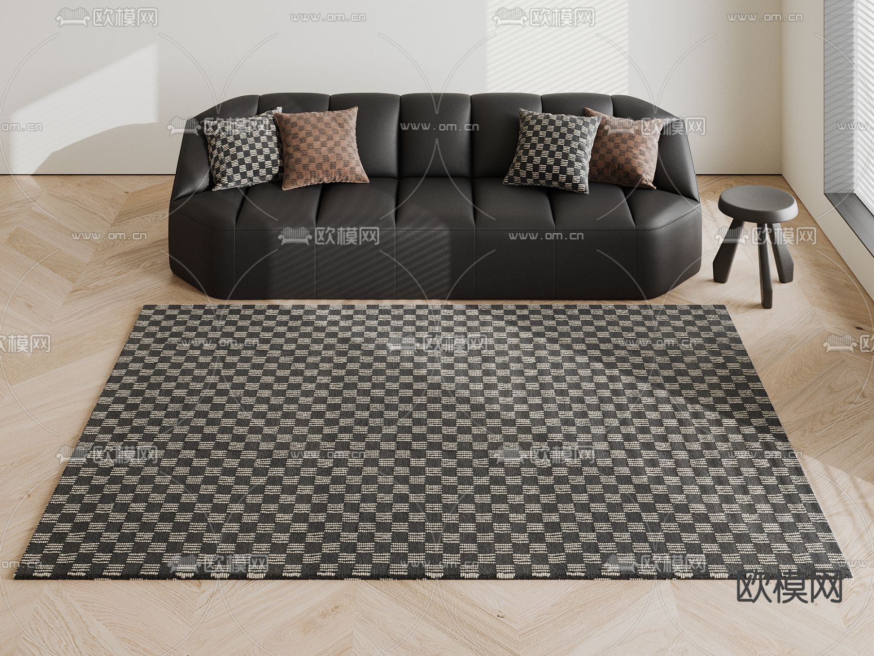 黑色棋盘格方毯 地毯3d模型下载（渲染图1）