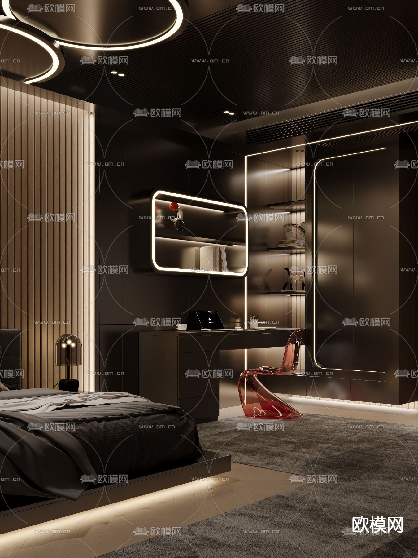 暗黑风主人房 主卧 卧室3d模型下载（渲染图2）
