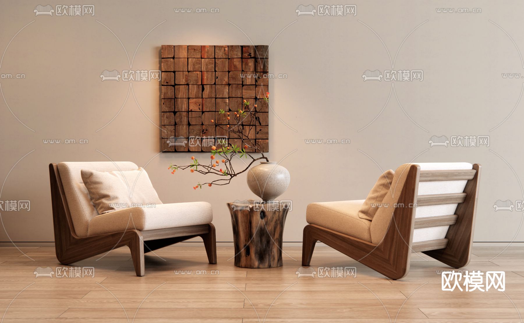 中古风休闲椅su模型下载（渲染图2）