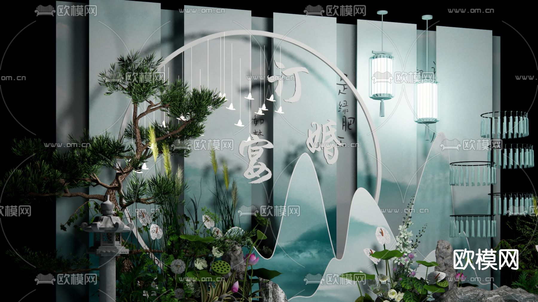 新中式浅蓝色订婚 婚礼美陈su模型下载（渲染图4）