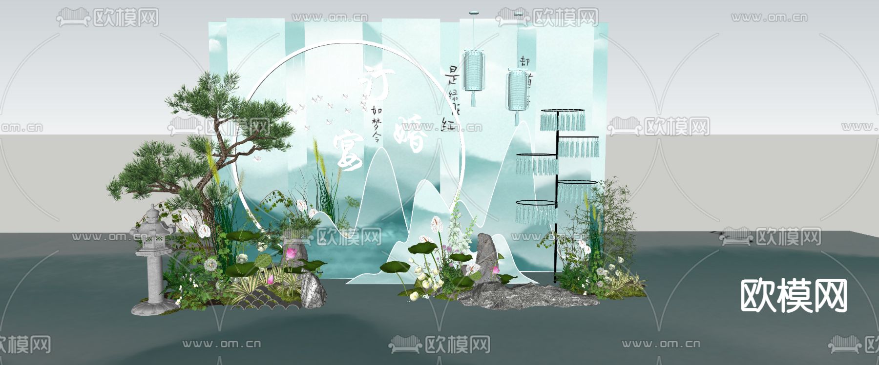 新中式浅蓝色订婚 婚礼美陈su模型下载（渲染图1）