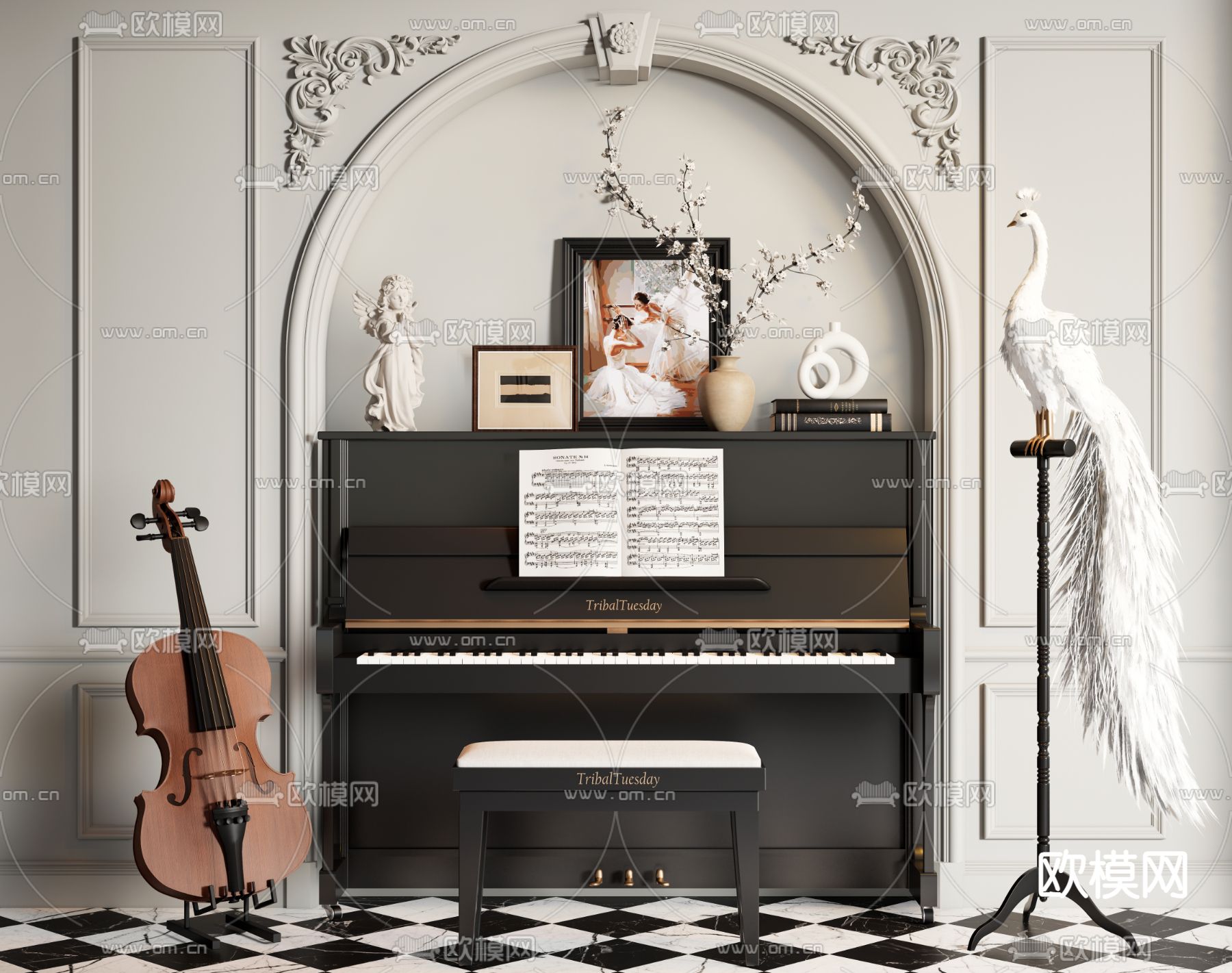 钢琴 小提琴 乐器su模型下载（渲染图2）
