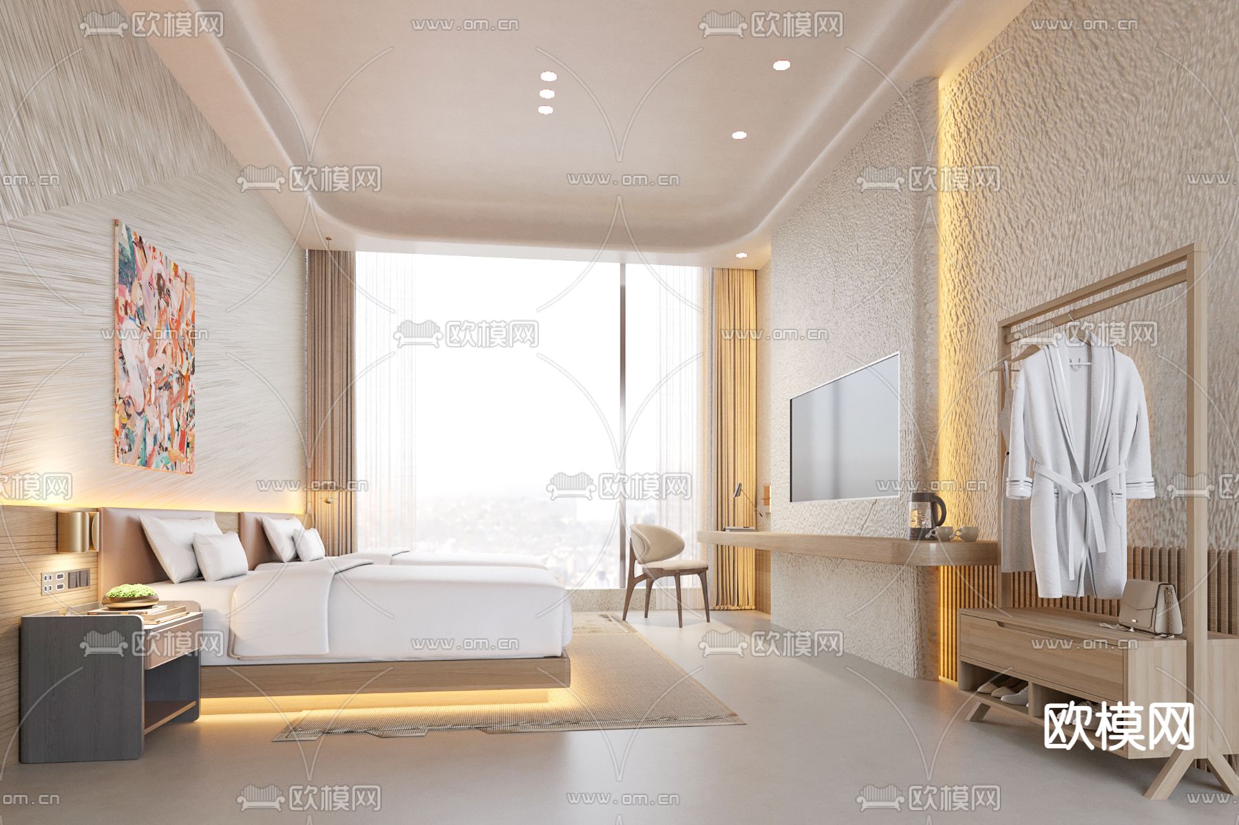 奶油风酒店客房3d模型下载