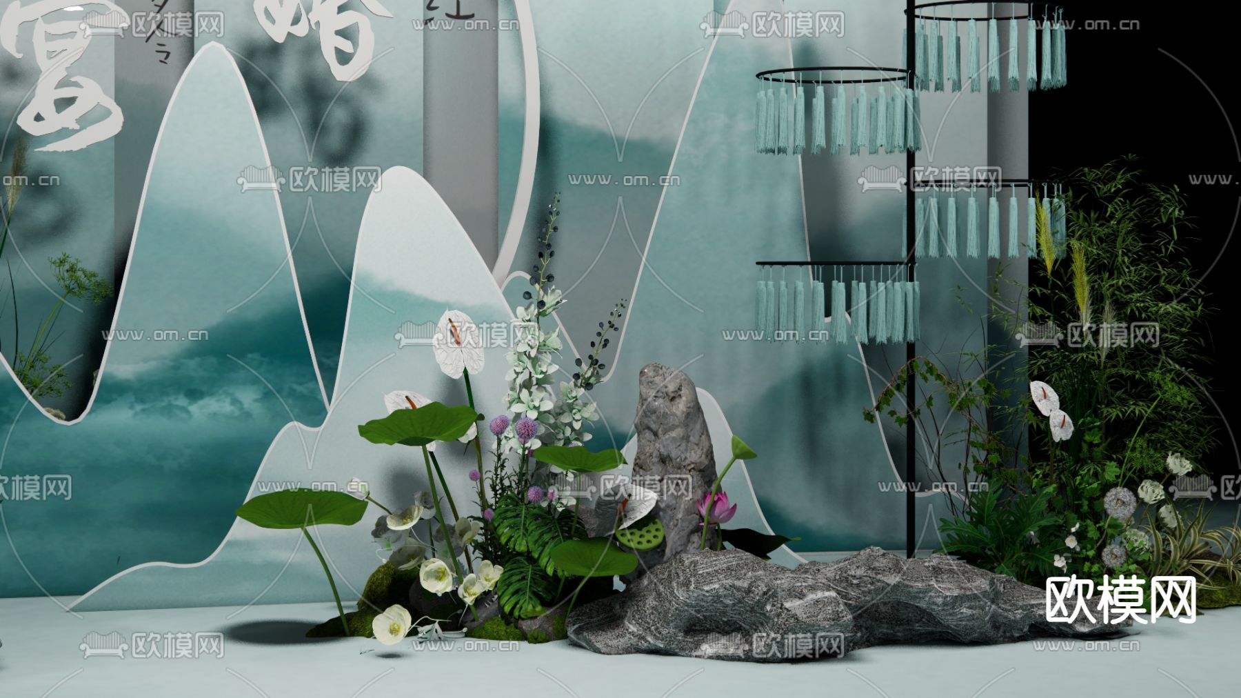 新中式浅蓝色订婚 婚礼美陈su模型下载（渲染图2）