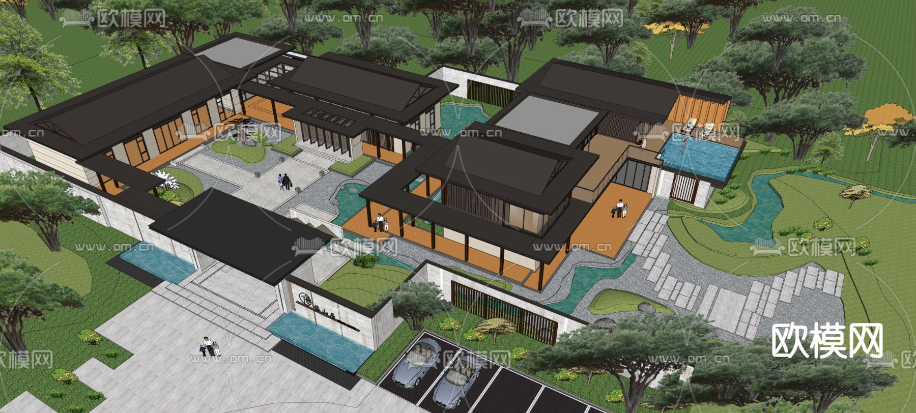 新中式示范区鸟瞰su模型下载（渲染图1）