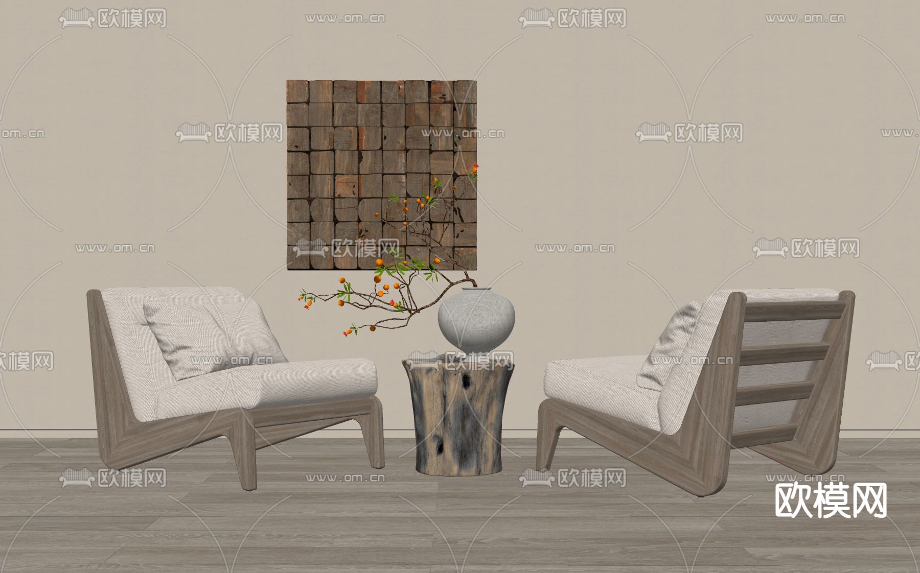 中古风休闲椅su模型下载（渲染图1）