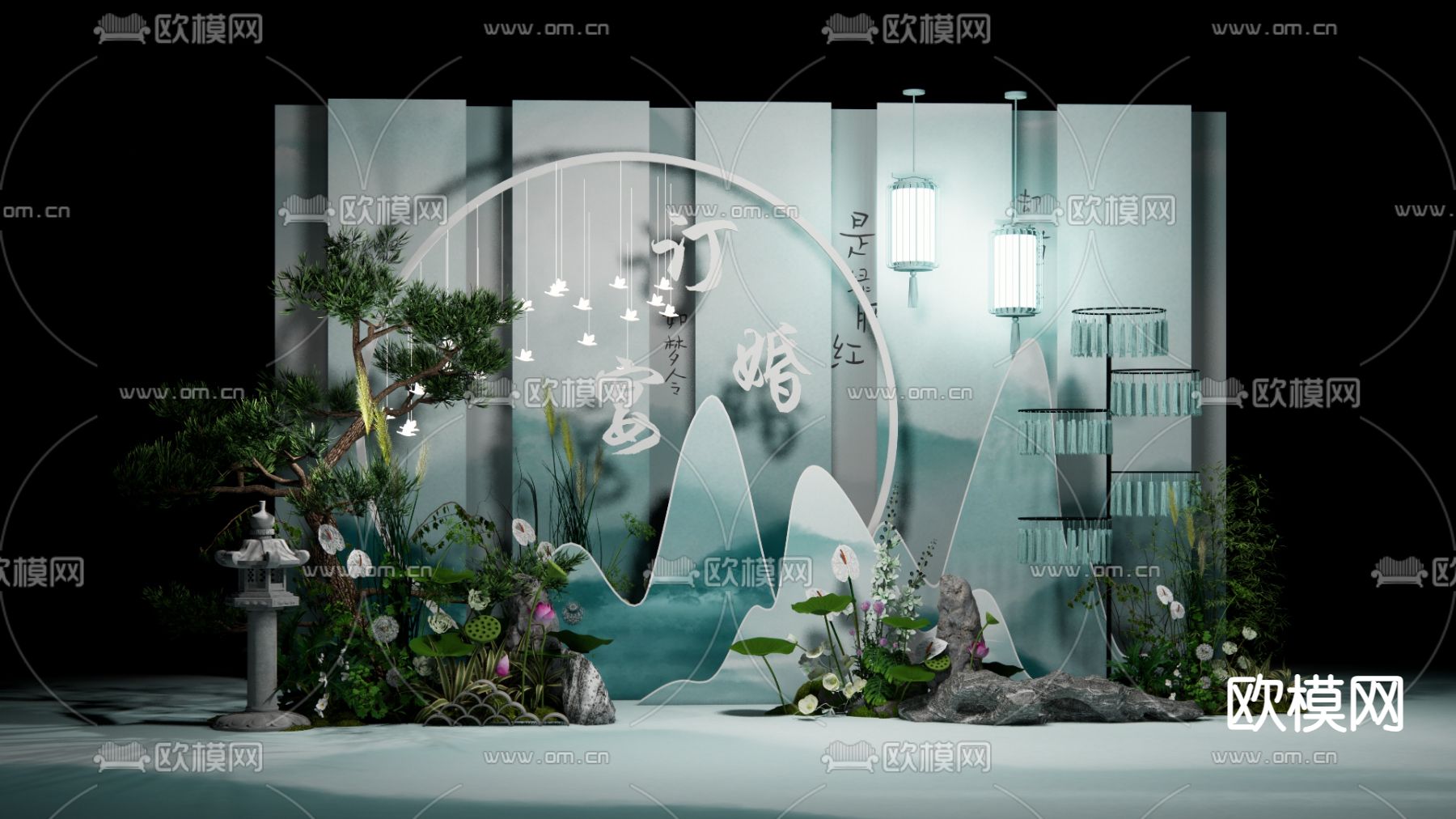 新中式浅蓝色订婚 婚礼美陈su模型下载（渲染图5）