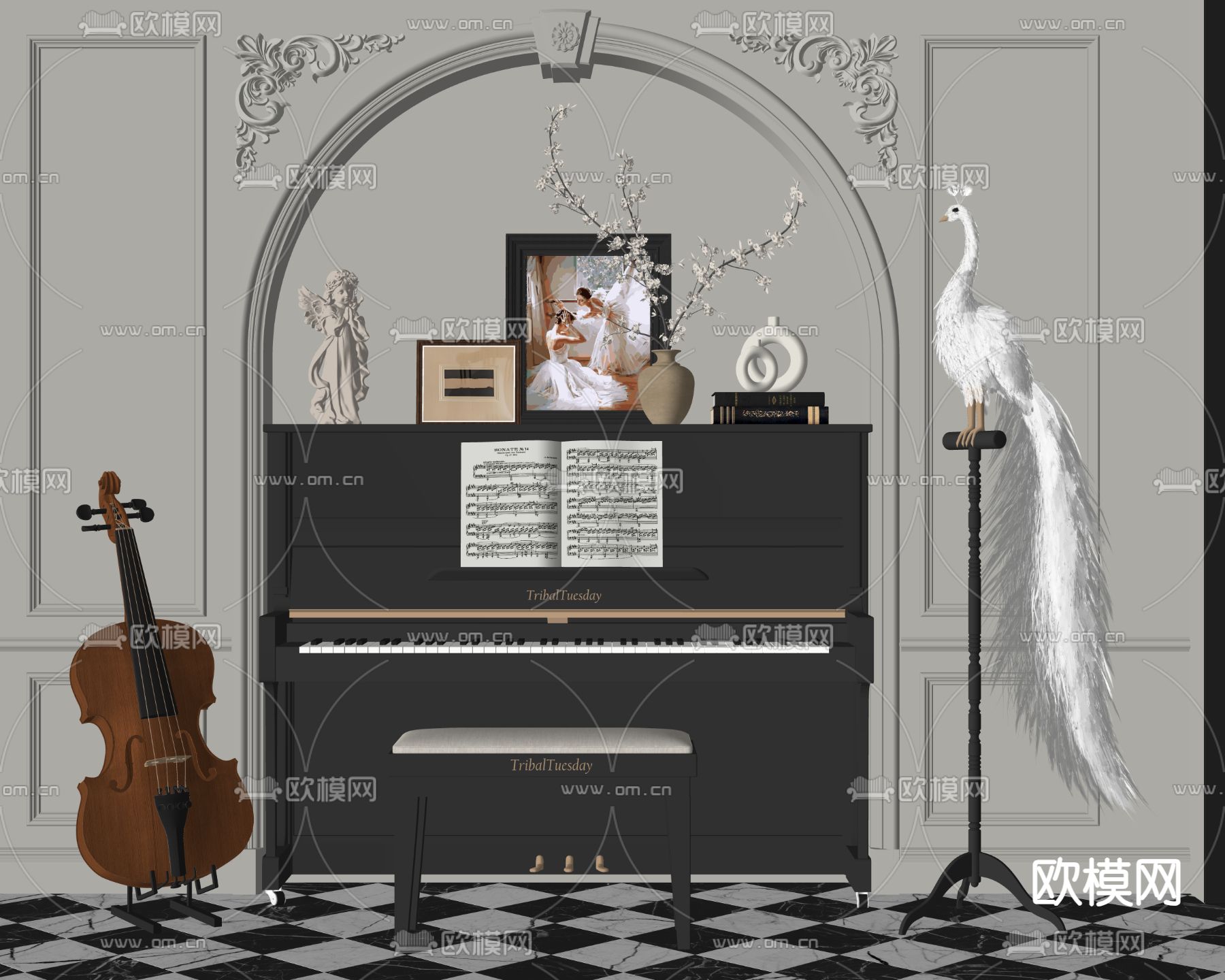 钢琴 小提琴 乐器su模型下载（渲染图1）