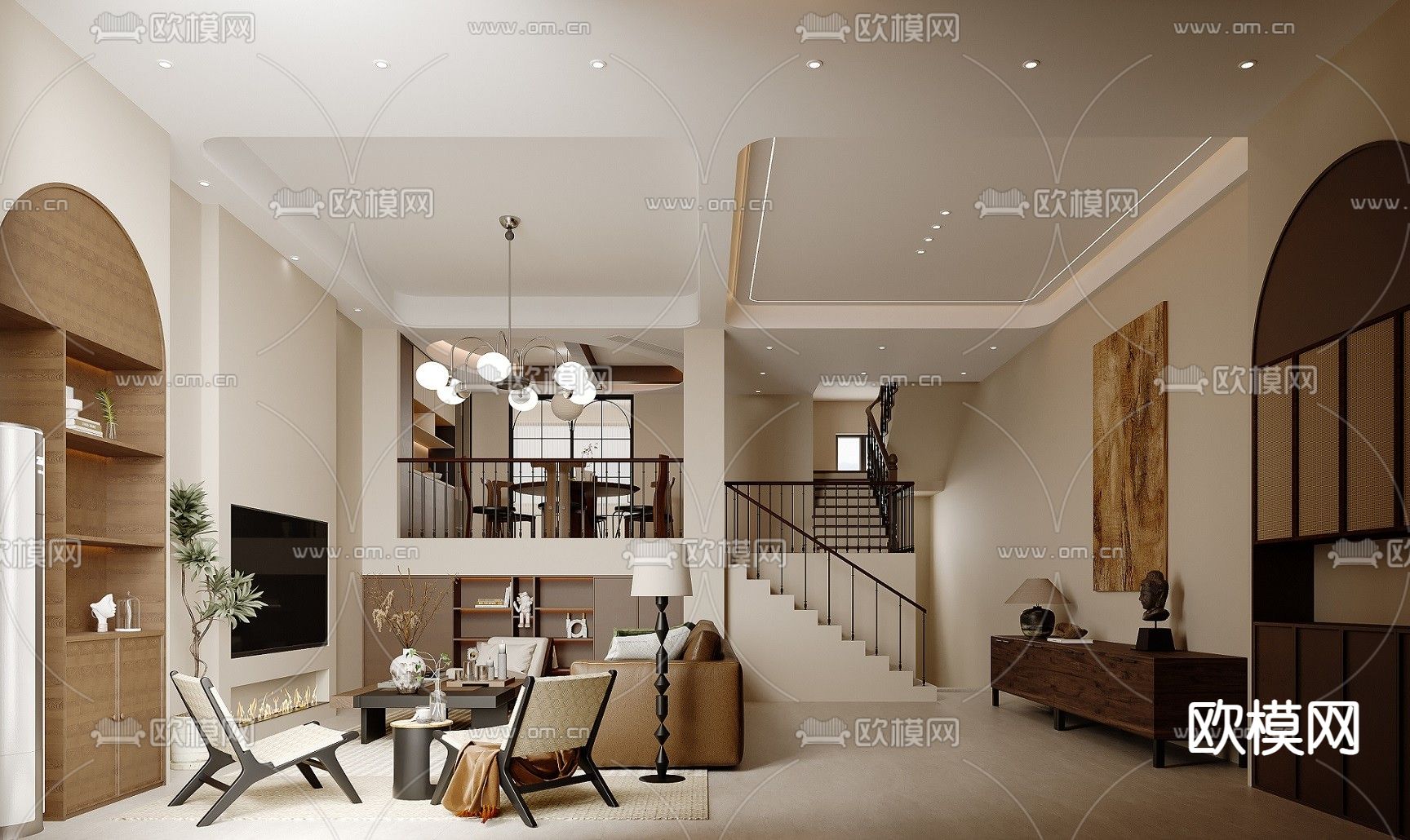 中古风 别墅客厅3d模型下载（渲染图1）