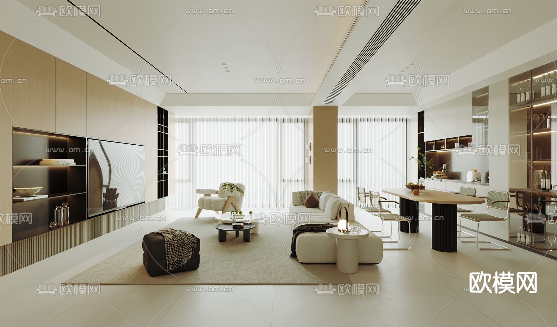 奶油风客餐厅3d模型下载