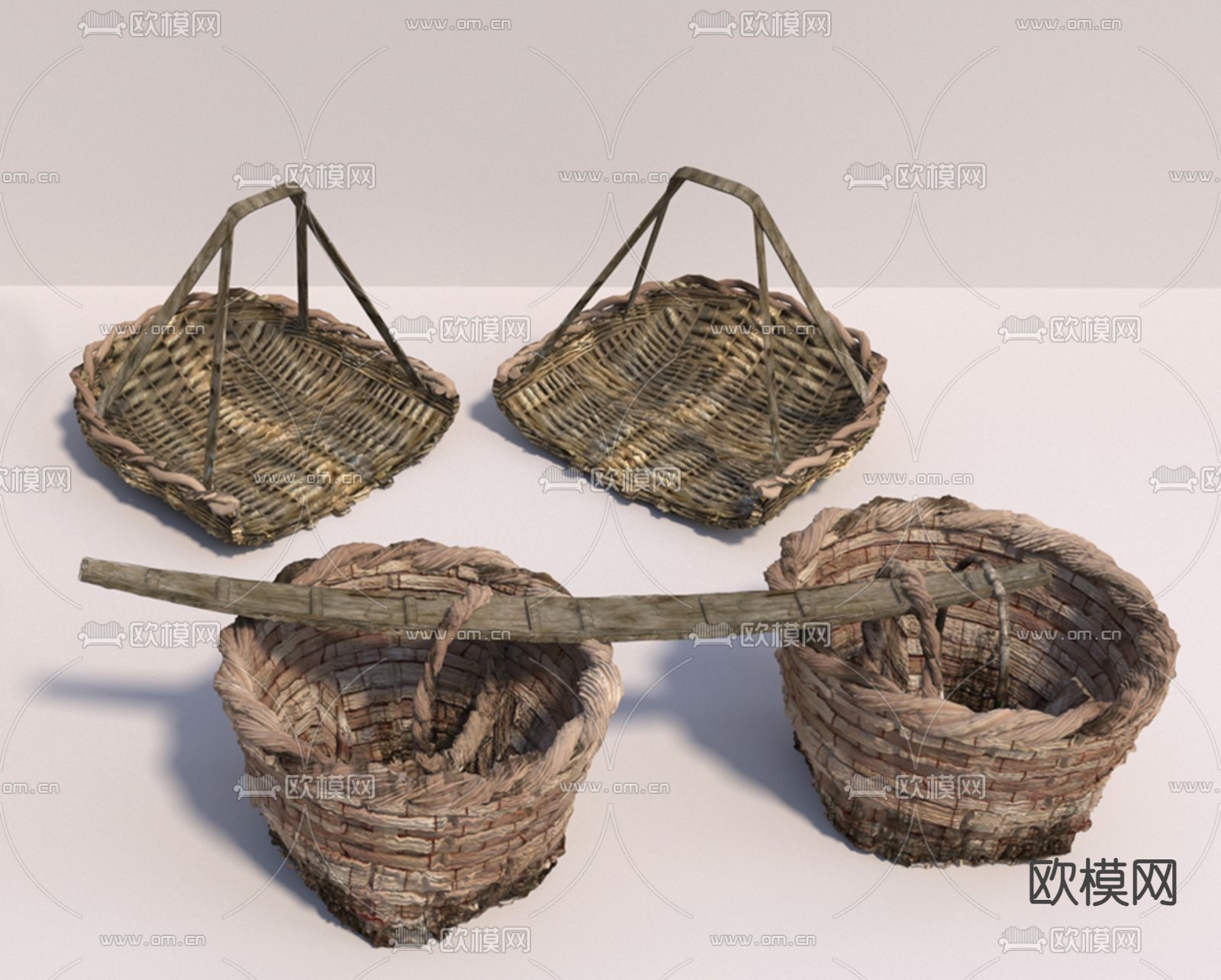 中式竹编箩筐 簸箕 扁担su模型下载（渲染图2）