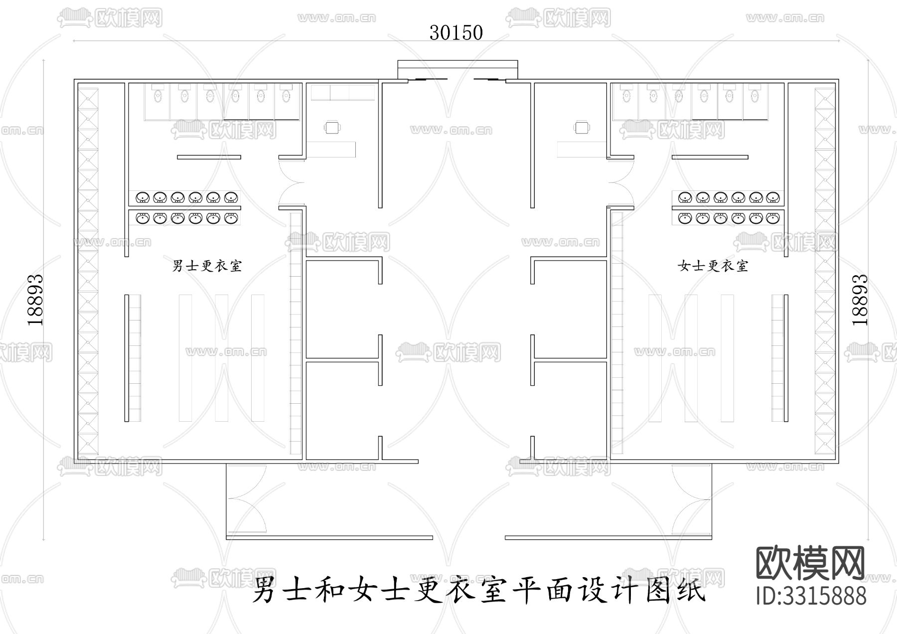 男士和女士更衣室cad平面图下载（渲染图2）