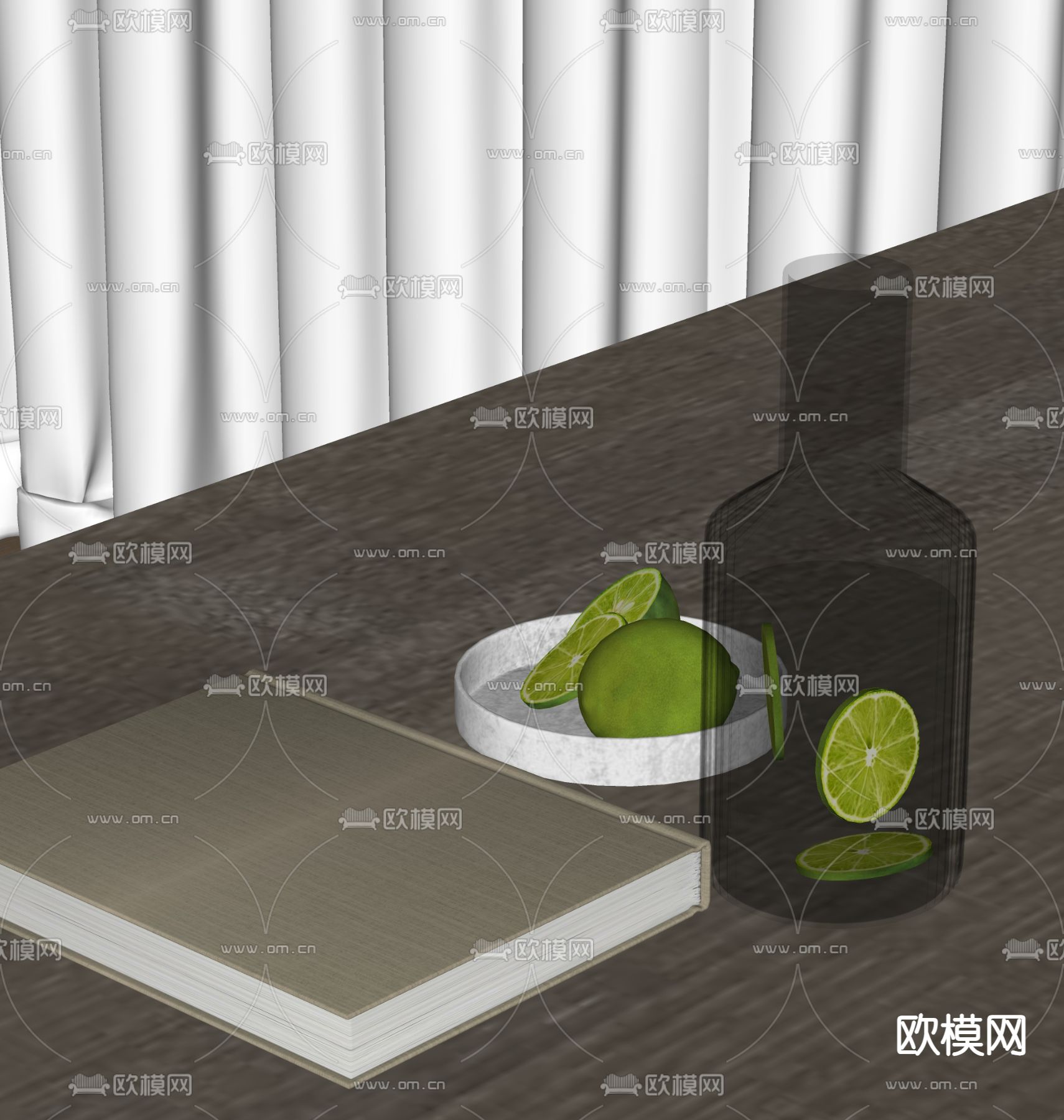 书本 果盘 酒杯摆件su模型下载（渲染图1）