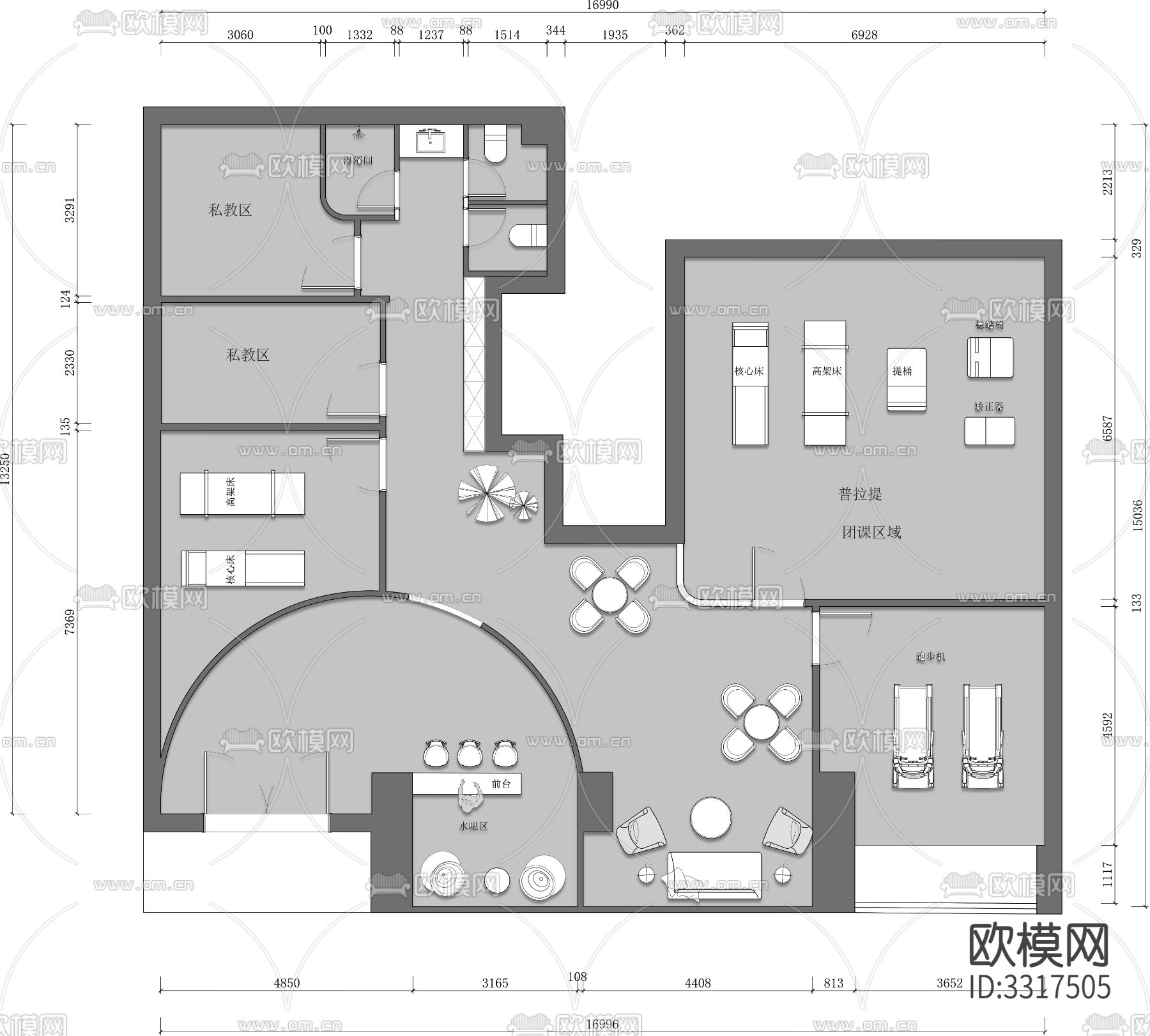 普拉提健身瘦身计划cad平面图下载（渲染图1）