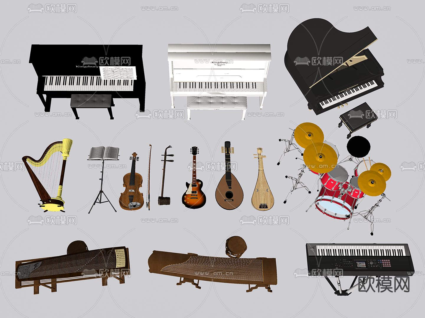 钢琴 古筝 架子鼓 吉他 二胡su模型下载（渲染图1）