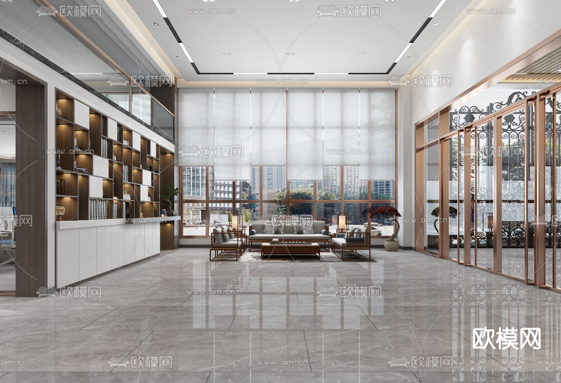 新中式公司大堂3d模型下载（渲染图2）