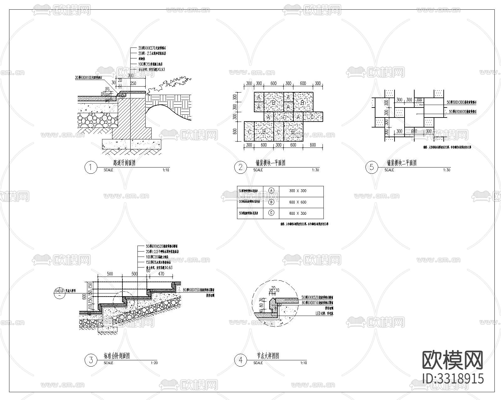 标准台阶 路道牙 铺装模块节点大样图下载