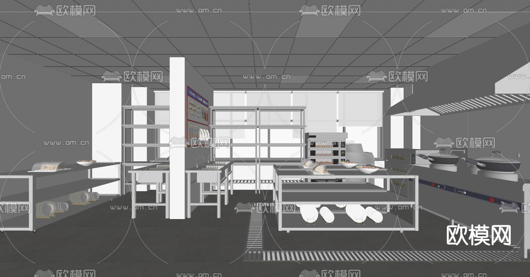 餐饮后厨  厨房su模型下载（渲染图1）