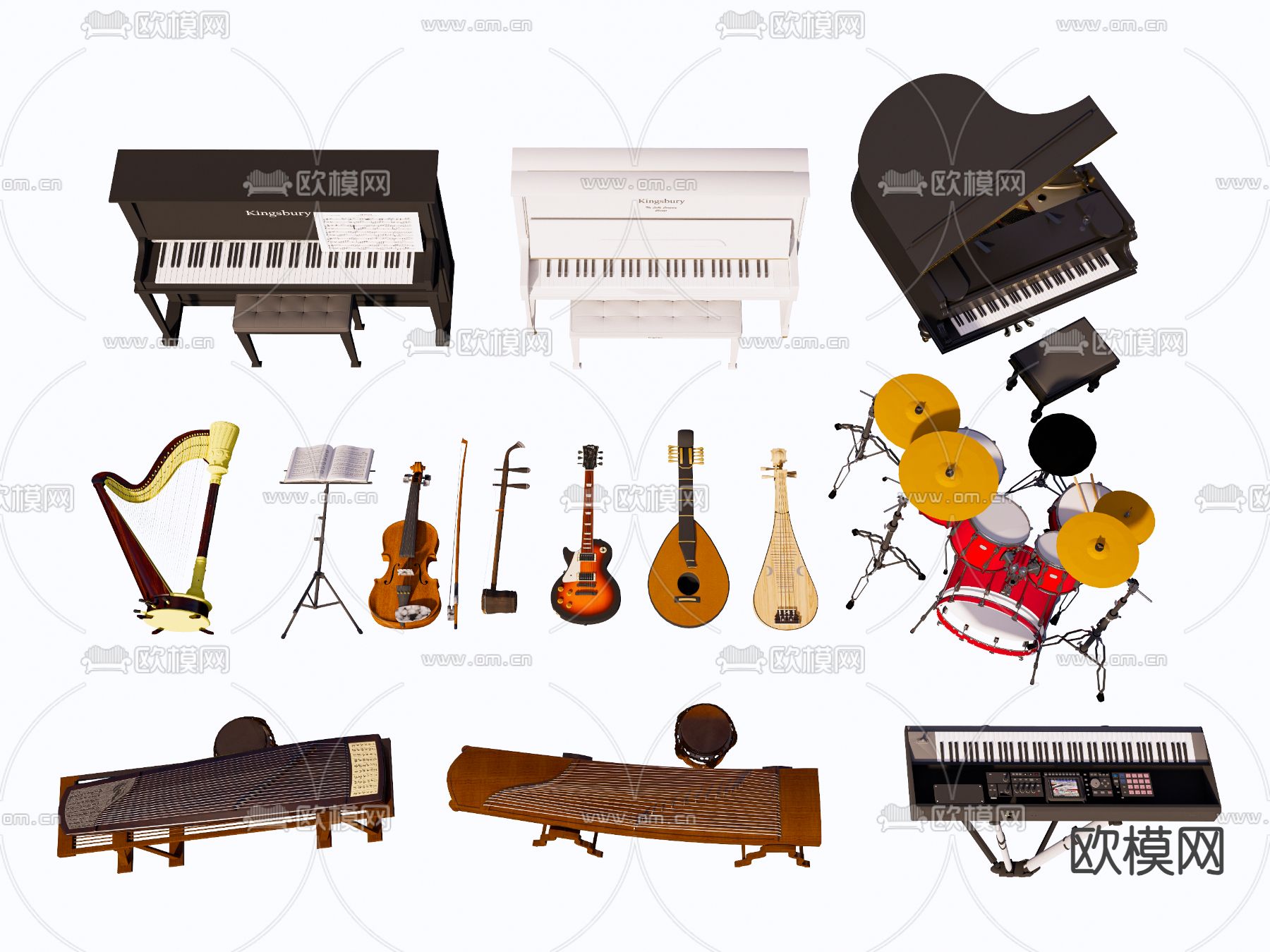 钢琴 古筝 架子鼓 吉他 二胡su模型下载（渲染图2）
