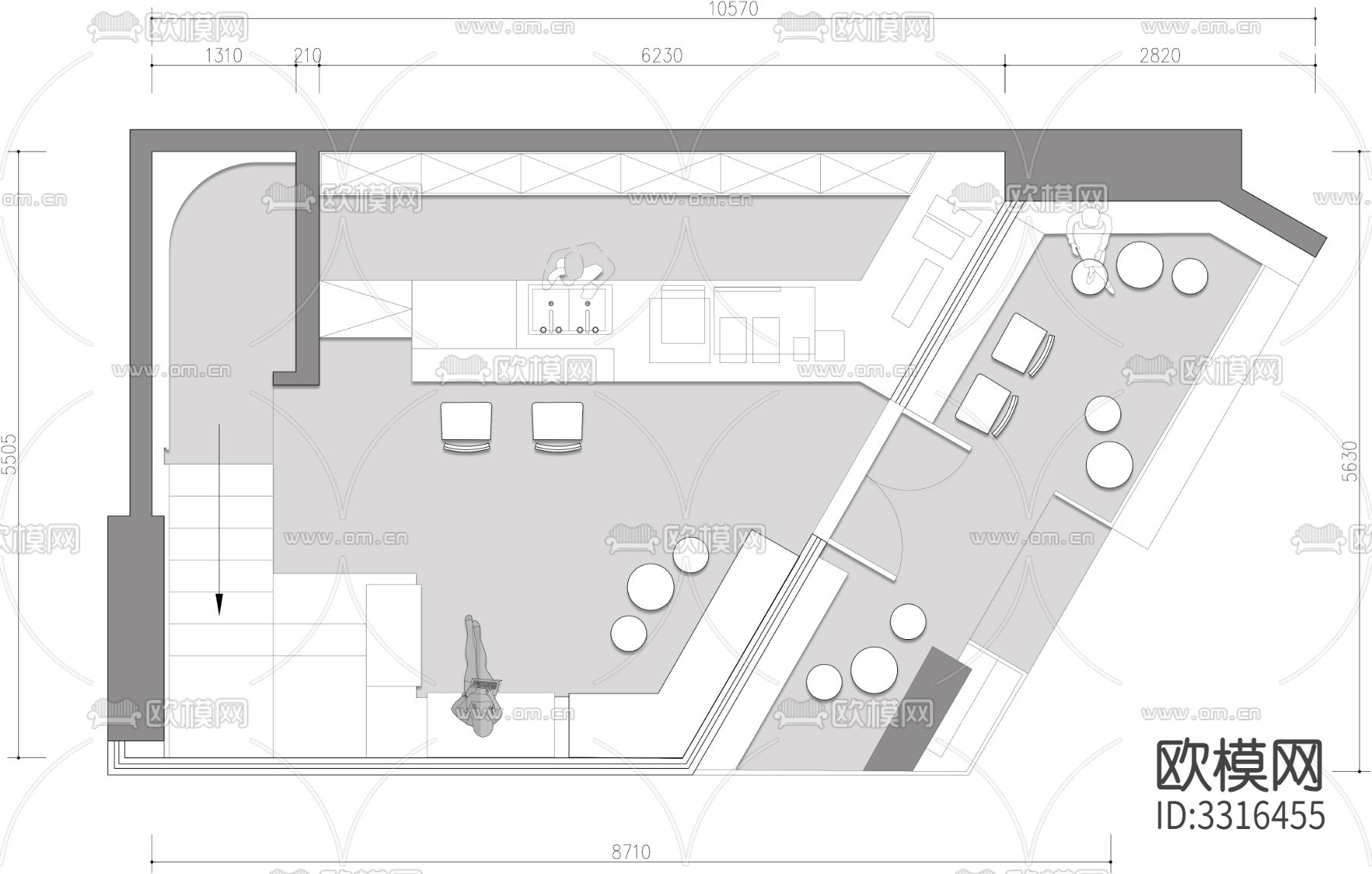 咖啡厅奶菜店餐饮店cad平面图下载（渲染图1）