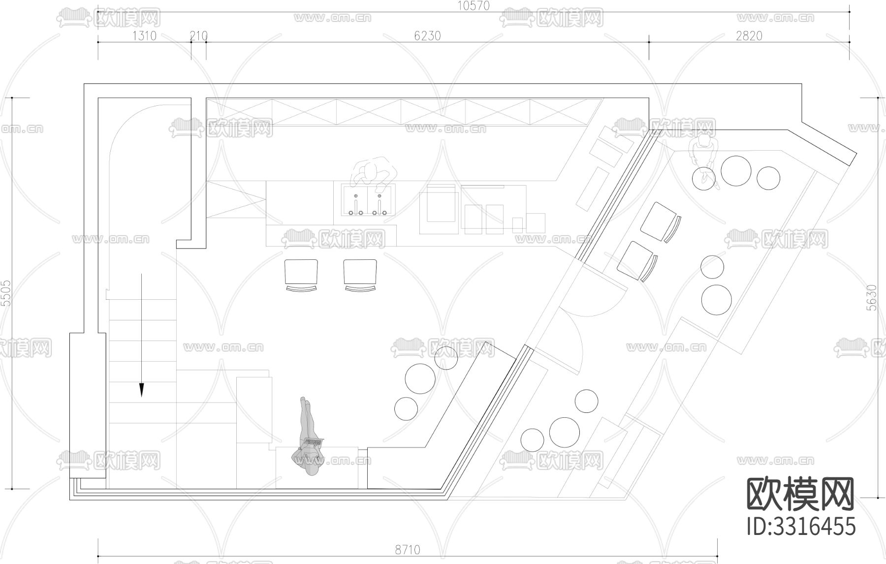 咖啡厅奶菜店餐饮店cad平面图下载（渲染图2）