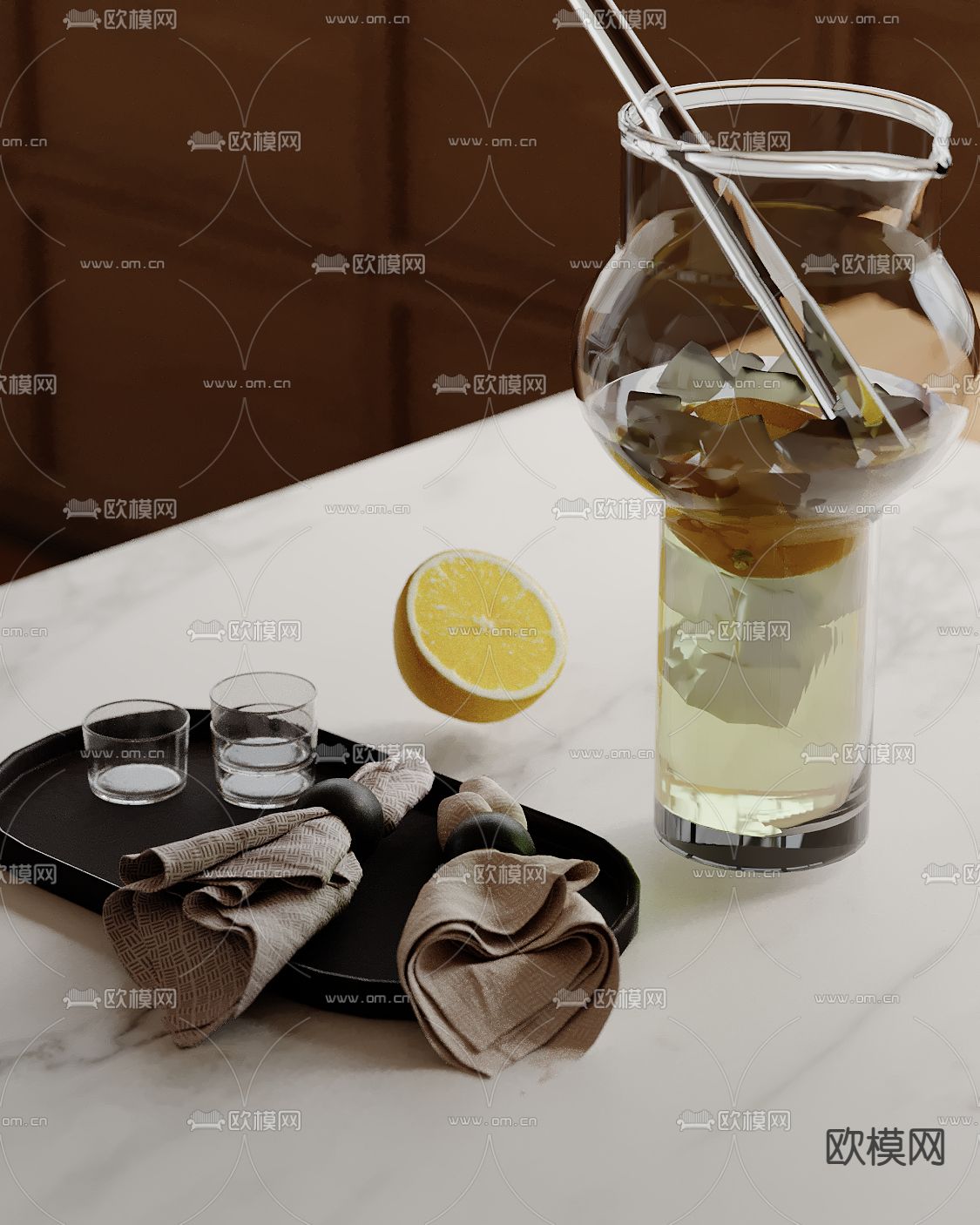 水杯 柠檬 毛巾 茶水su模型下载（渲染图2）