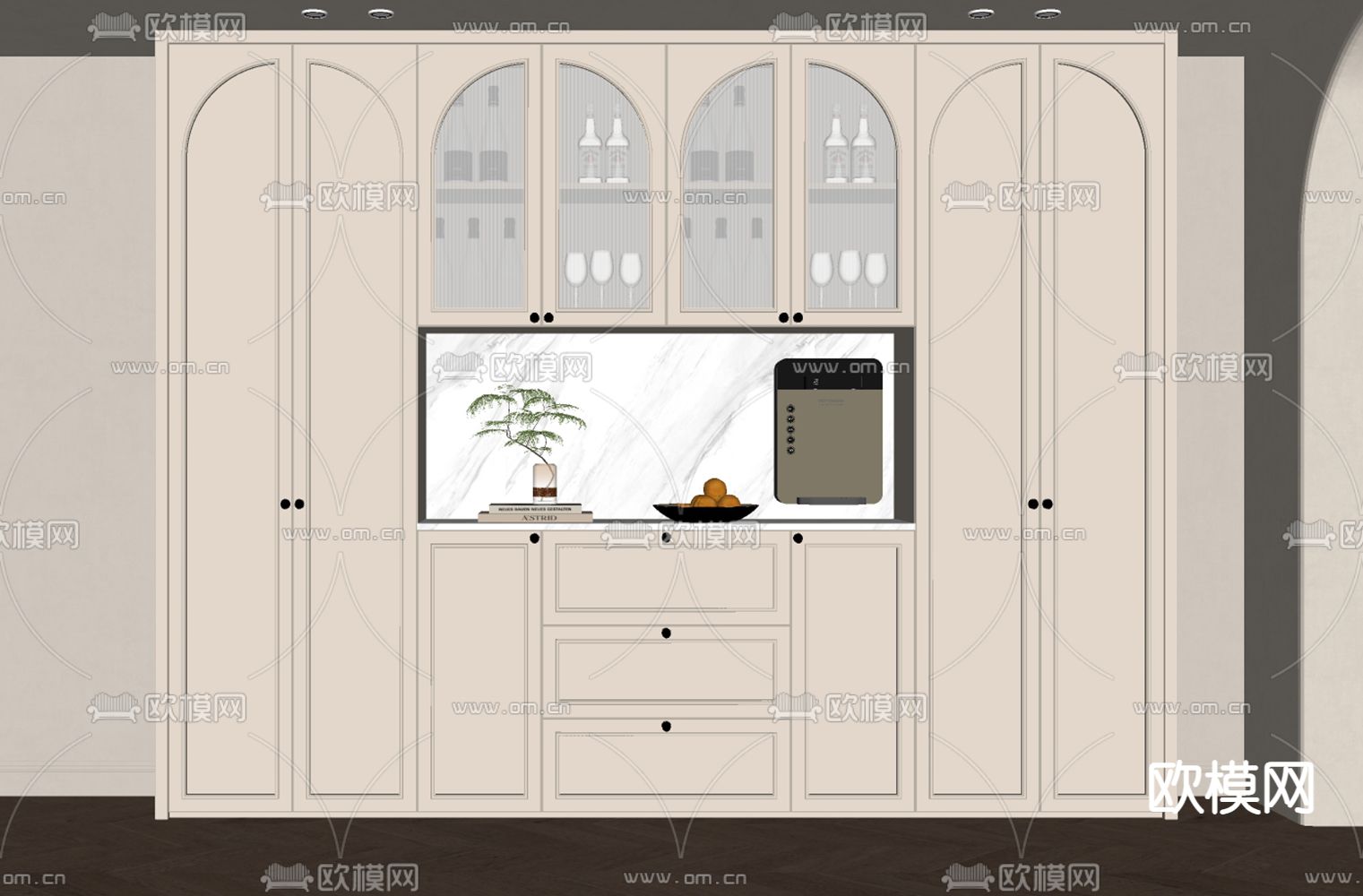 奶油风酒柜su模型下载（渲染图1）