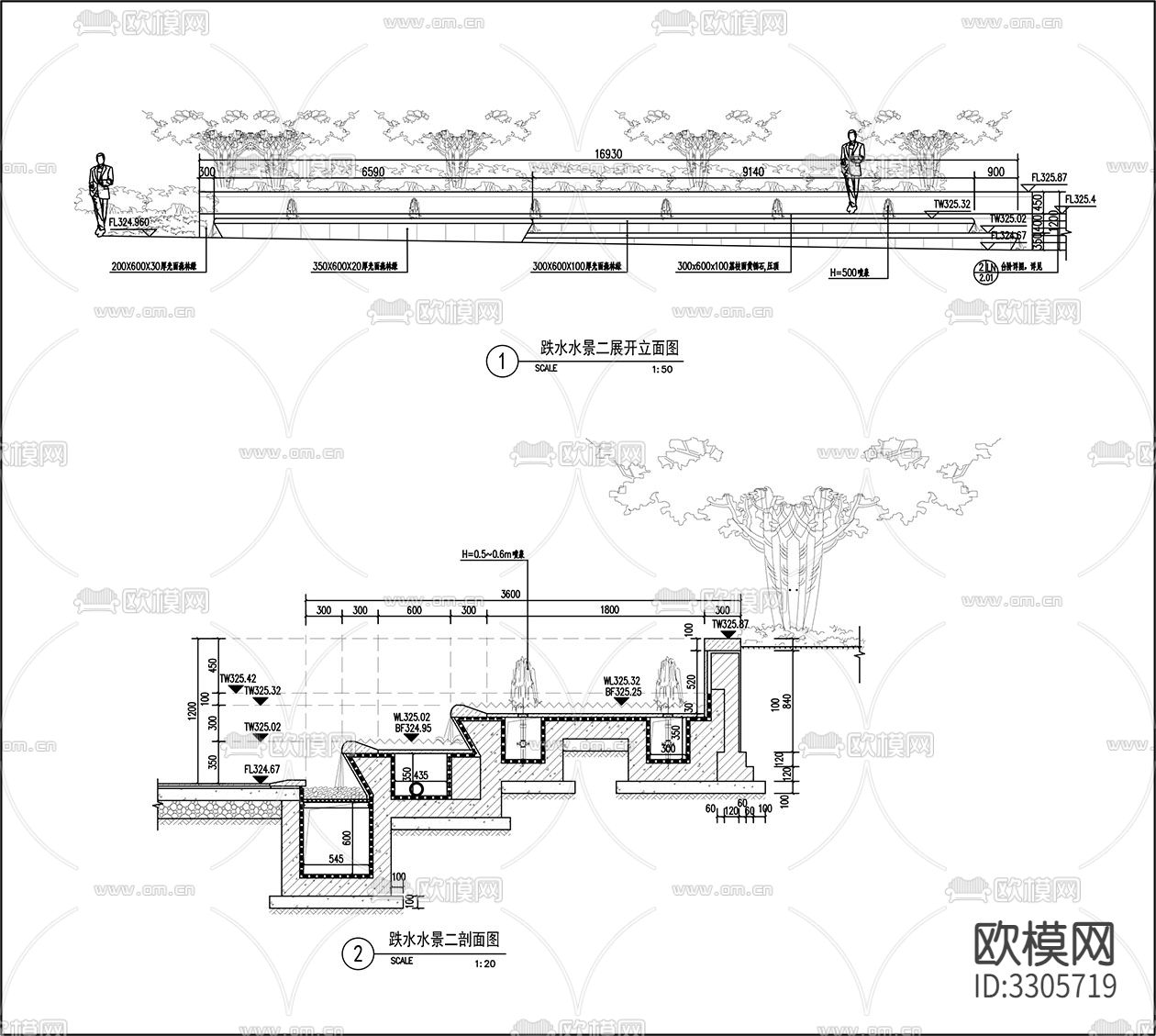 景观跌水水景cad大样图下载（渲染图4）