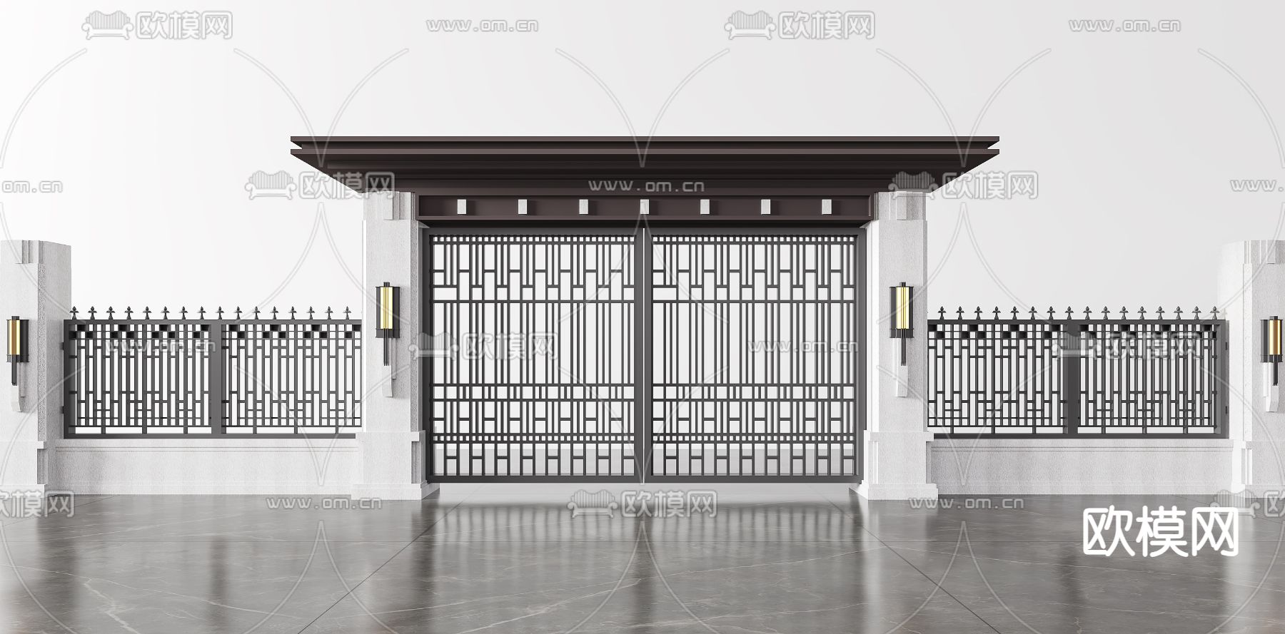 别墅大门 庭院门 围墙3d模型下载