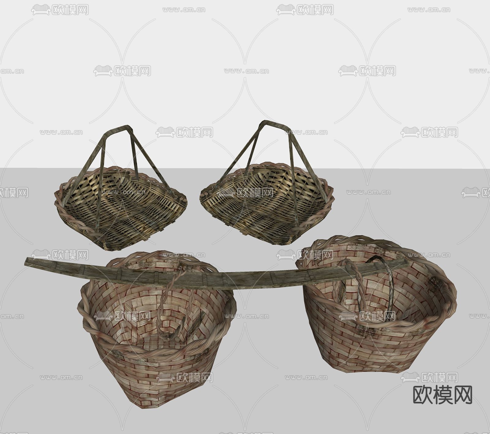 中式竹编箩筐 簸箕 扁担su模型下载（渲染图1）