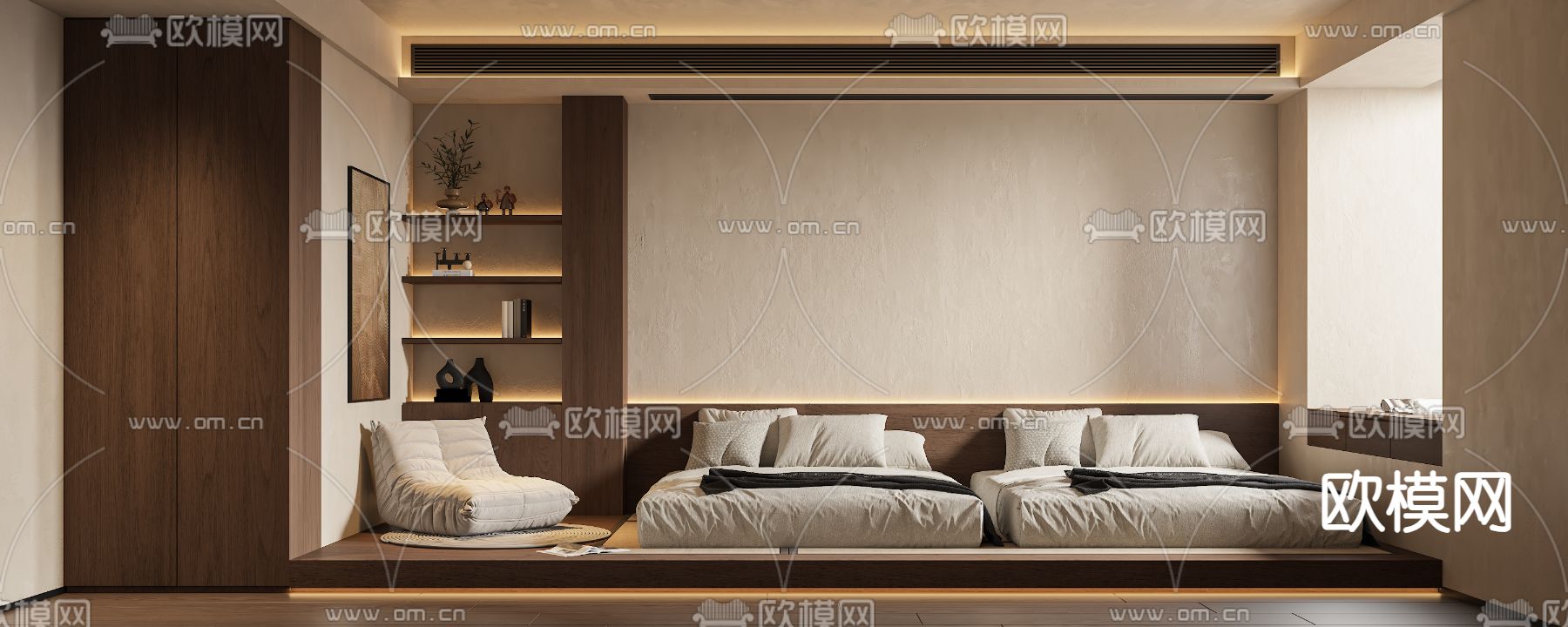 中古风客房 民宿双床房3d模型下载