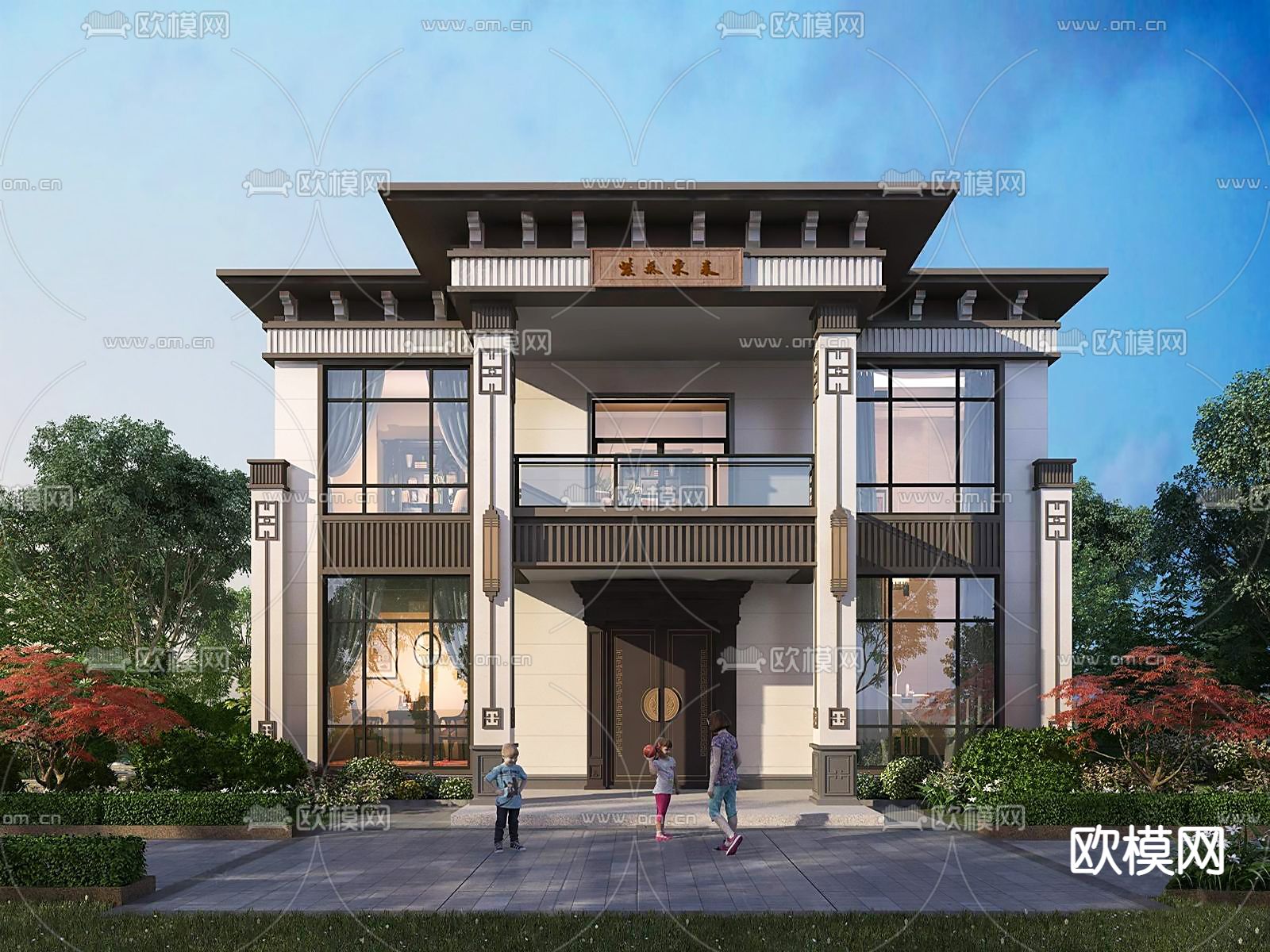 新中式别墅外观3d模型下载