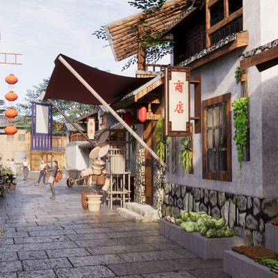  商业街 旅游小镇su模型 