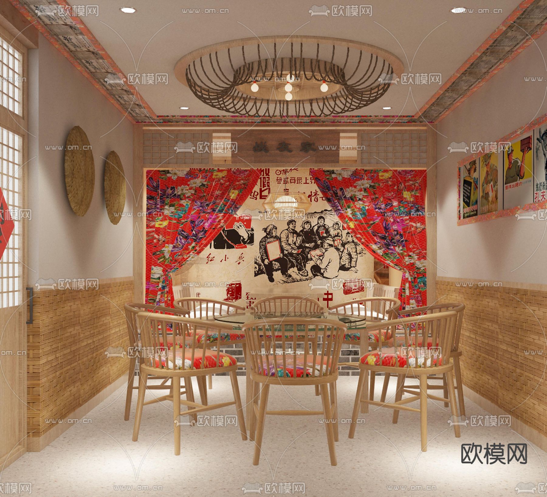 中式农家乐包间3d模型下载（渲染图1）