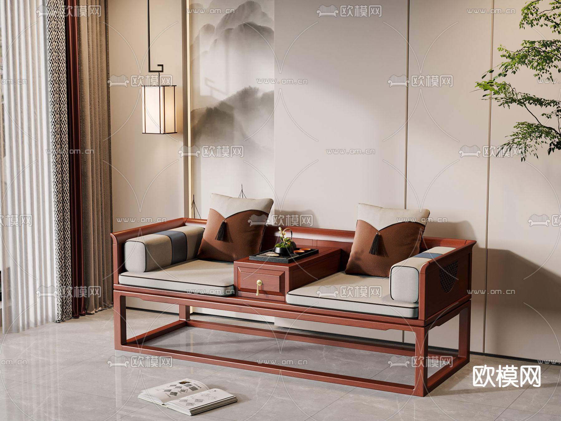 新中式罗汉床 木质床3d模型下载