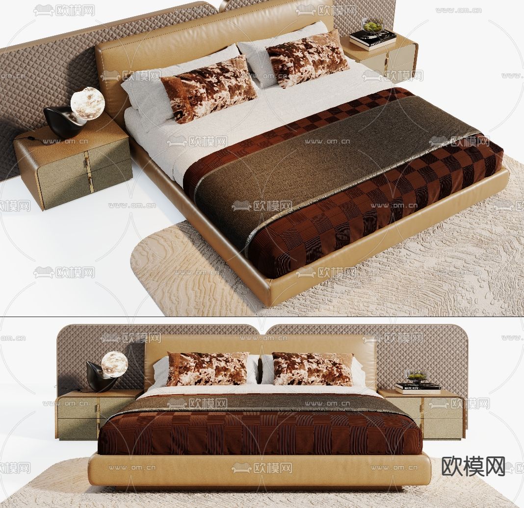 皮革床 双人床3d模型下载（渲染图1）