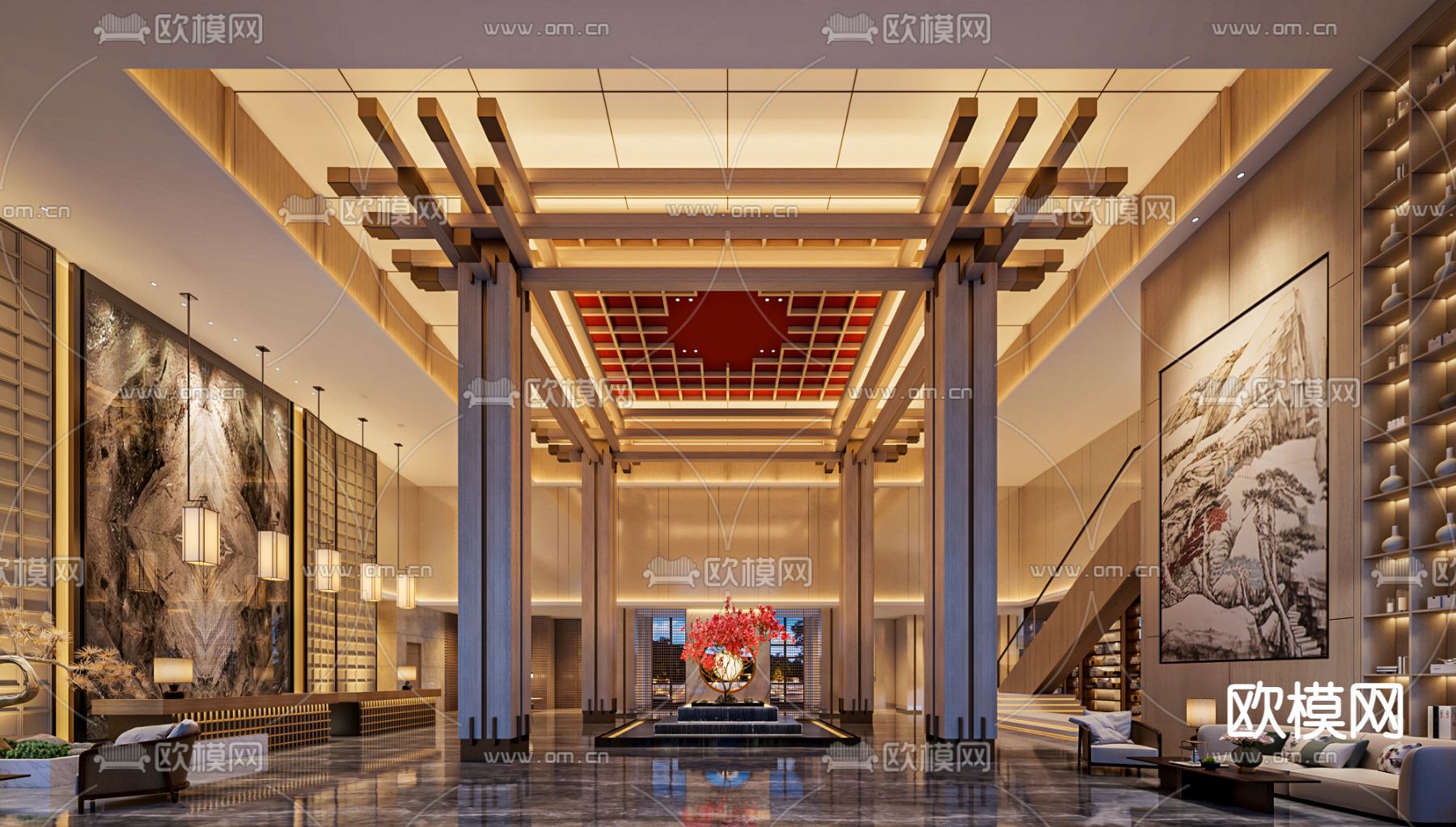 新中式酒店大堂3d模型下载