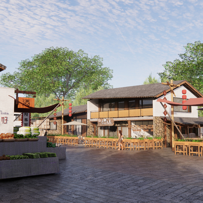  现代乡村商业街su模型 