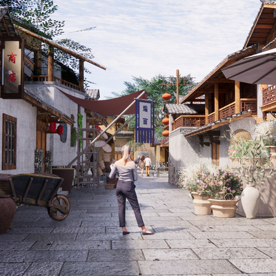  商业街 旅游小镇su模型 