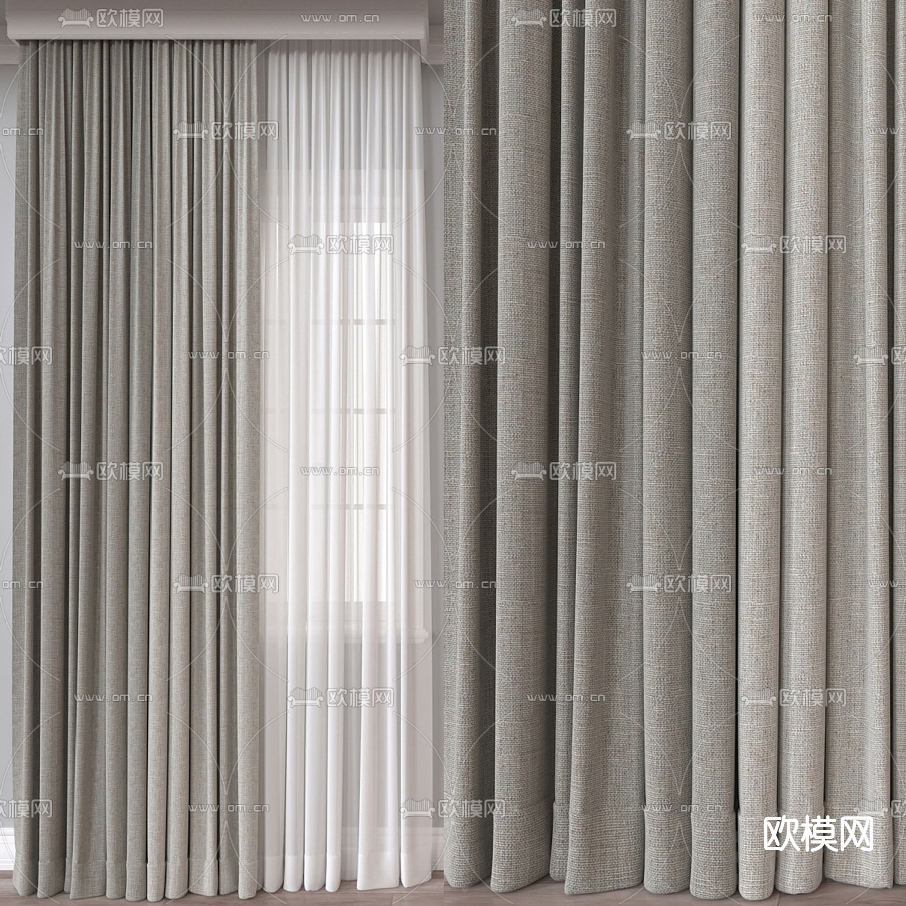 素色窗帘 纱帘3d模型下载（渲染图1）