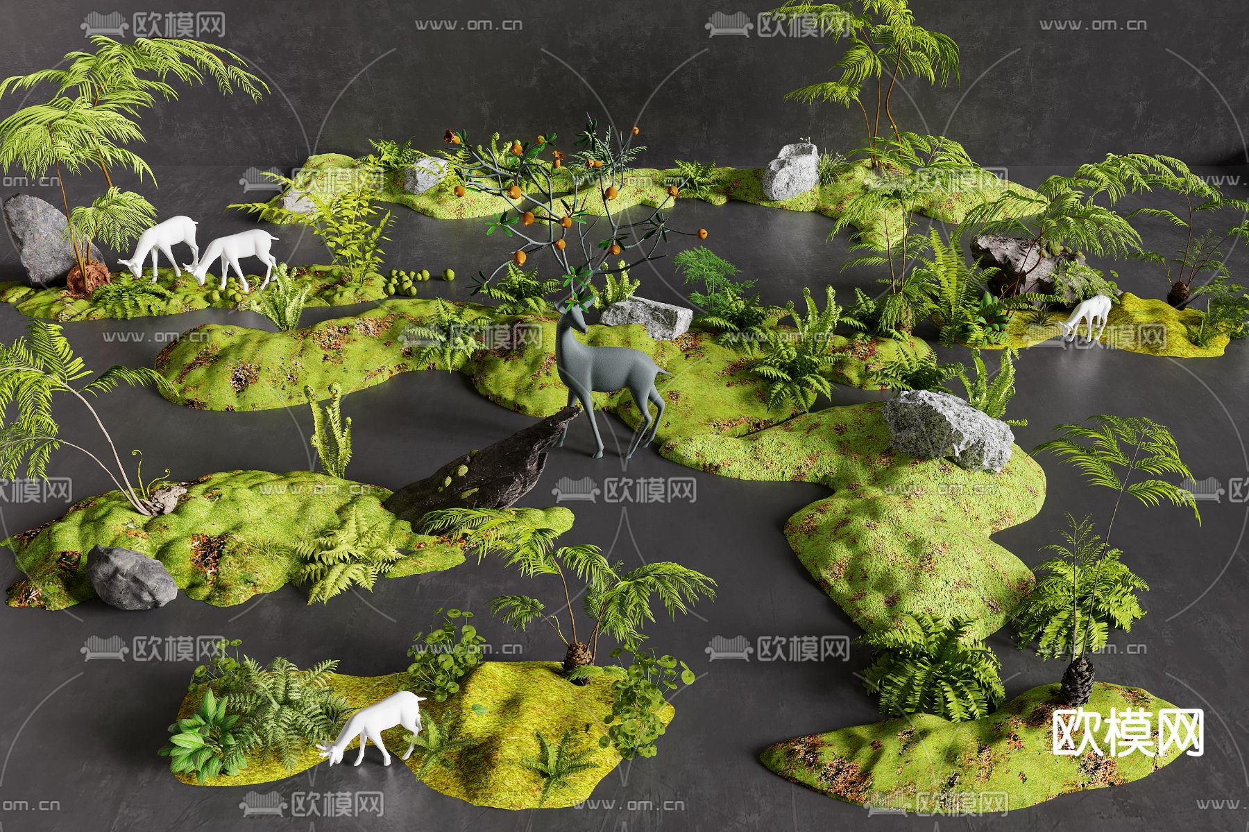 景观小品 苔藓造景 小鹿雕塑3d模型下载