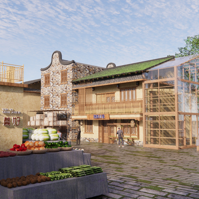  新中式小镇商业街su模型 