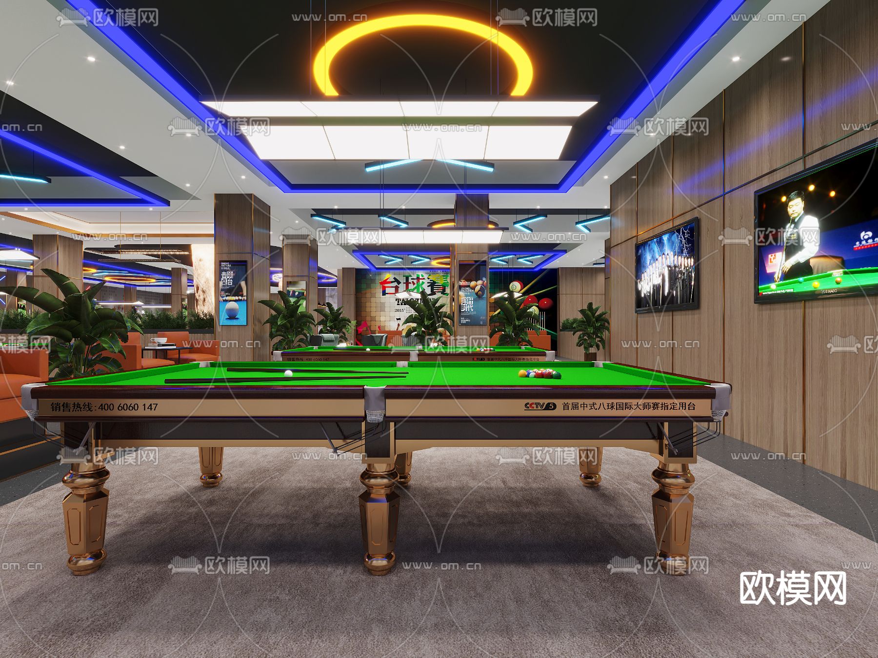 现代台球室 台球厅3d模型下载（渲染图2）