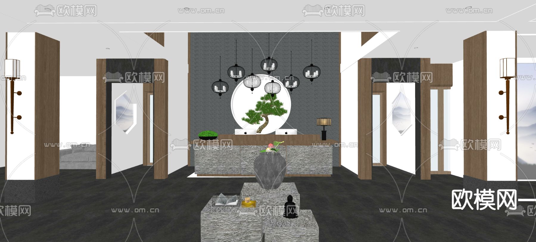 新中式民宿 前台su模型下载